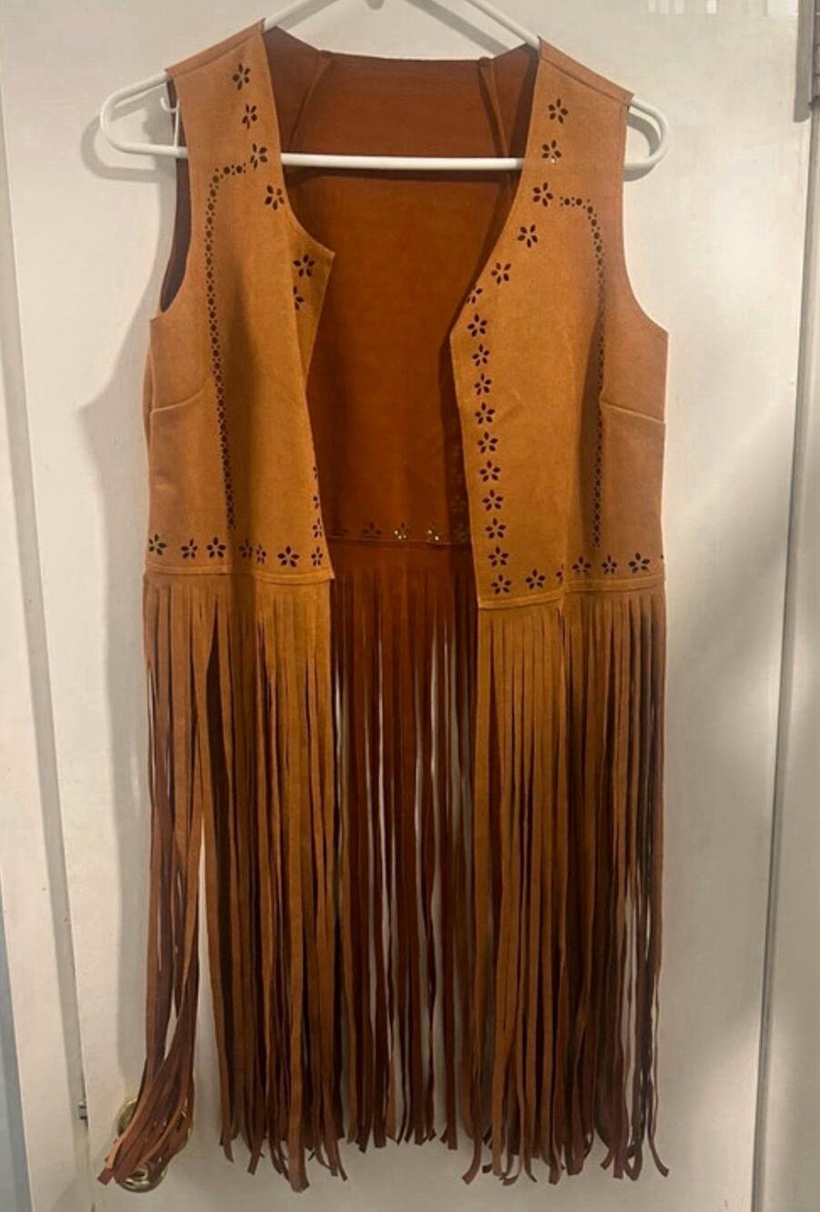Women’s Western Bohemian Open Front Sleeveless Long Fringe Vest Brown Solid S